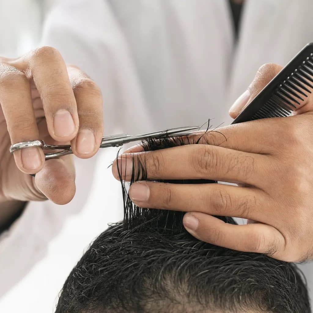 Detalhe do trabalho de um profissional, cortando o cabelo com tesoura e pente