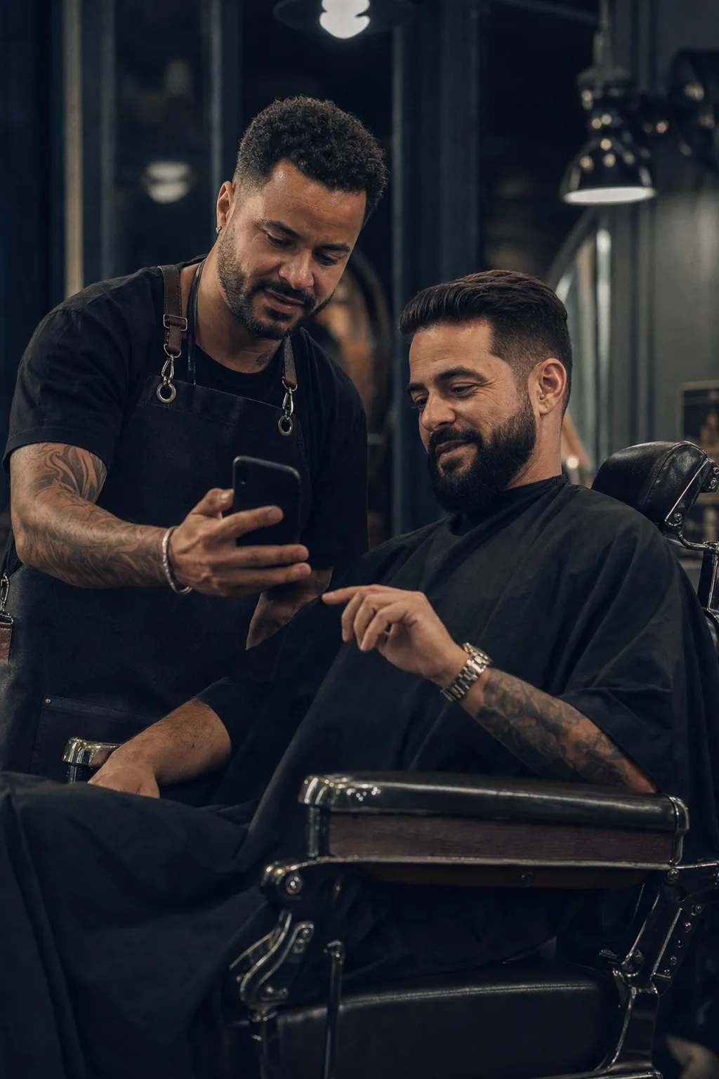 Profissional mostrando uma prévia Hairis ao cliente na cadeira