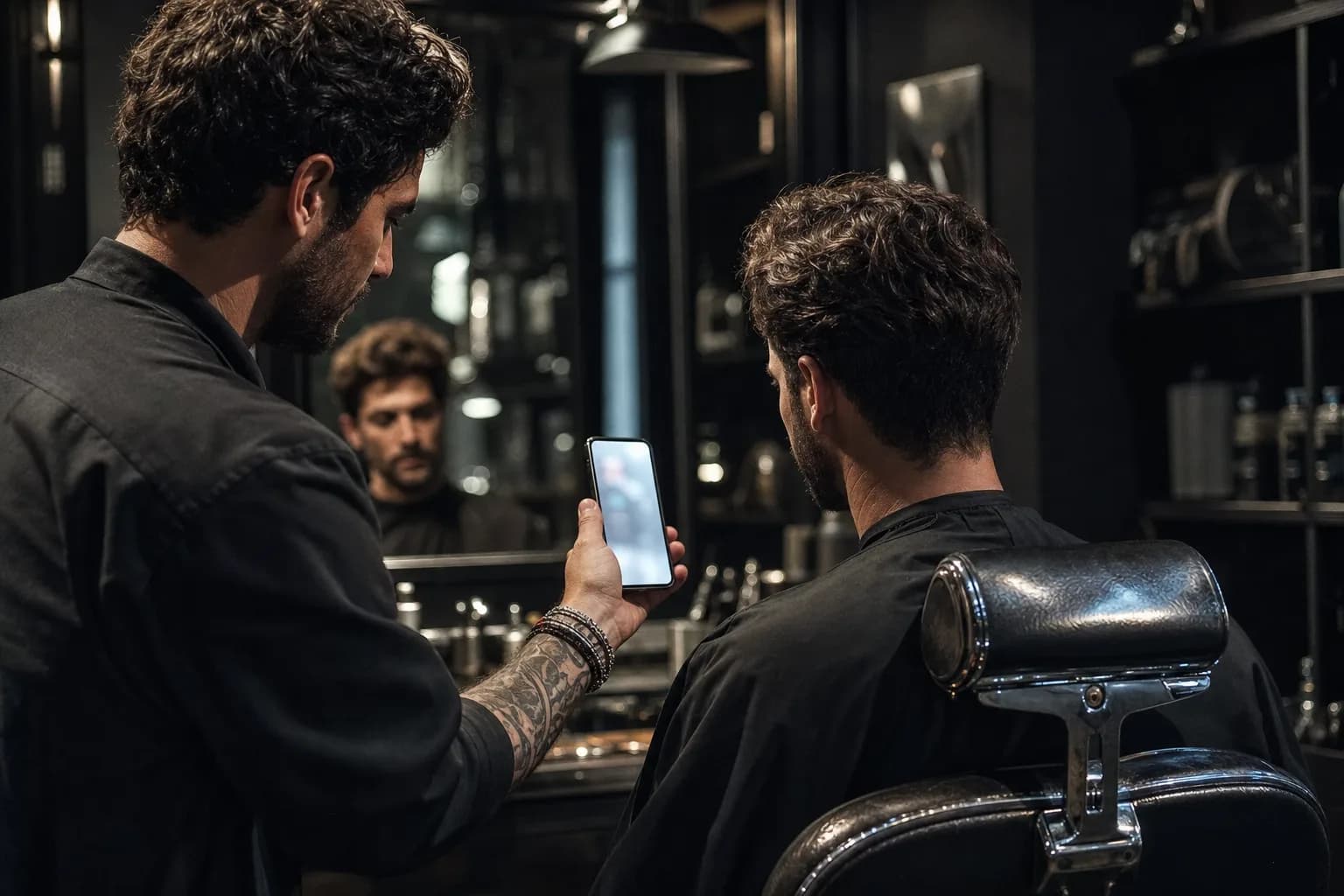 Profissional e cliente olhando juntos para uma prévia de visual