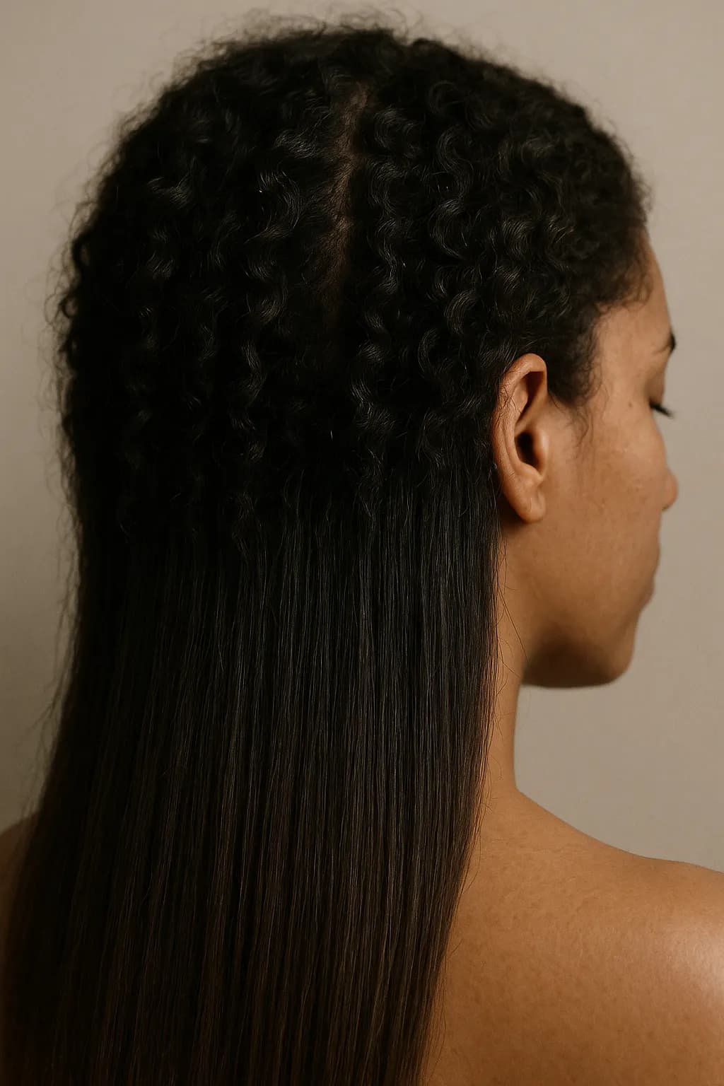 Cabelo em transição mostrando duas texturas e a linha de demarcação